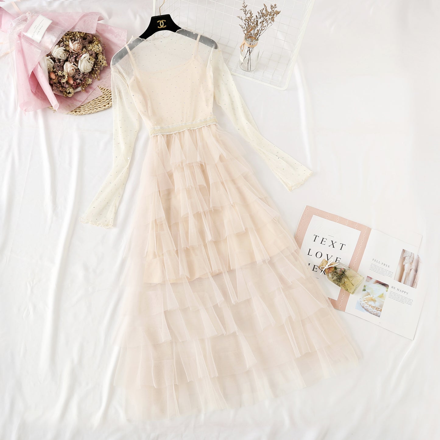 Jupe longue à bretelles de style étranger, petit gâteau, costume deux pièces 4472