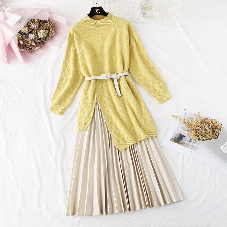 Ensemble deux pièces pull tricoté au genou et jupe plissée 4463
