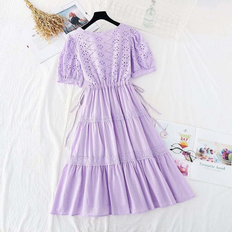 Nouvelle robe de fée française à manches bouffantes et jupe en crochet ajourée 4168
