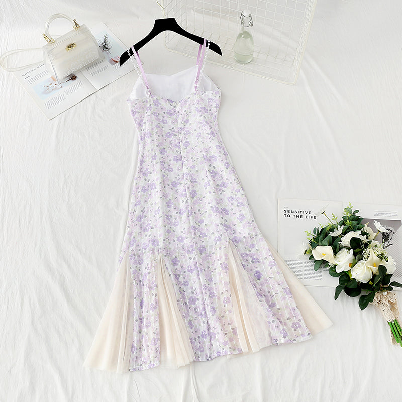 Design sense niche jupe queue de poisson violette robe à bretelles florale en mousseline de soie 4124