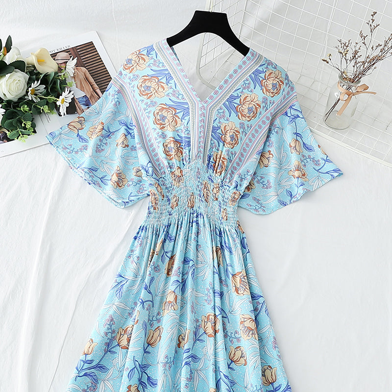 Robe en coton et lin style rétro français col en V style national 4258