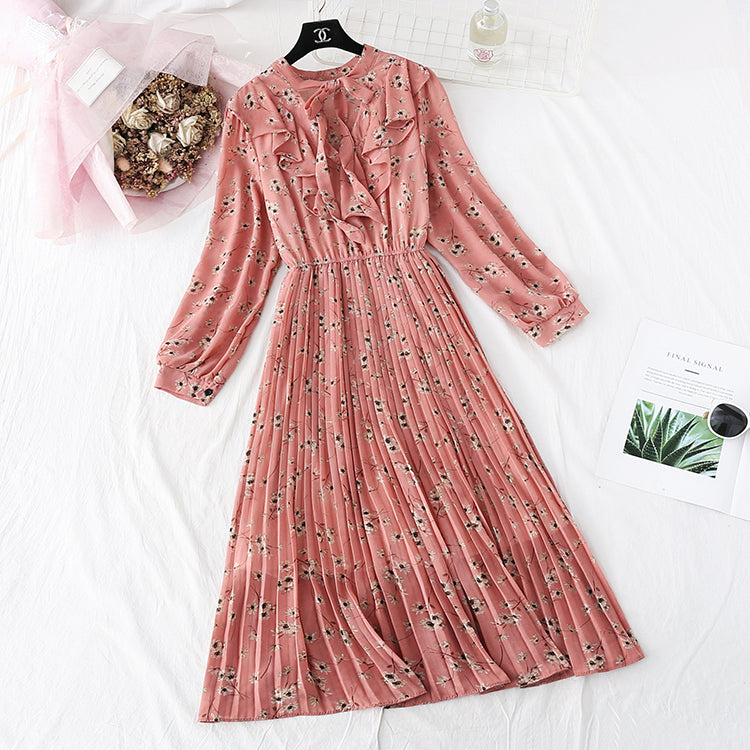 Robe en mousseline de soie jupe plissée à fleurs rétro française super fée 4488