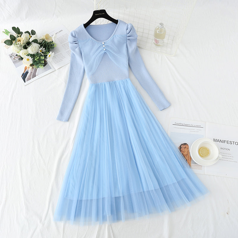 Robe en maille tricotée avec coutures en mailles, jupe longue tempérament 4416