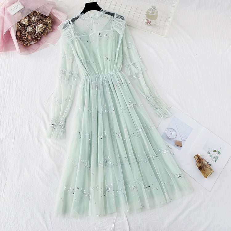 Robe fée en gaze à sequins et bretelles à volants 4321