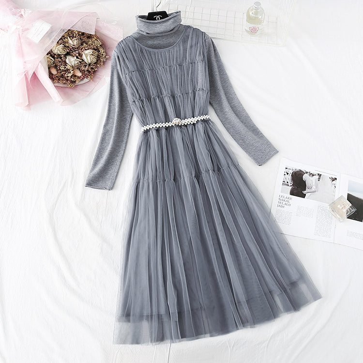 Mesh vest skirt + high neck bottomed shirt two-piece set  4376