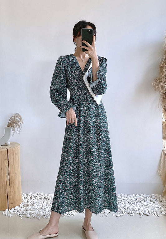 Robe coupe-vent en mousseline de soie florale à col en V et manches fines en feuille de lotus 3912
