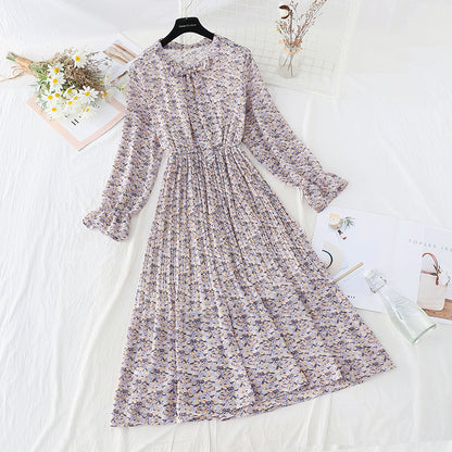 Jupe plissée en mousseline de soie à taille élastique, tempérament mince, robe florale rajeunissante 4087