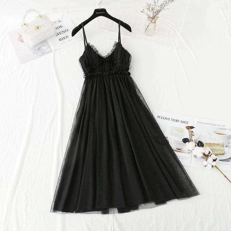 Sweet mesh dress temperament small black skirt with waist closed  4128