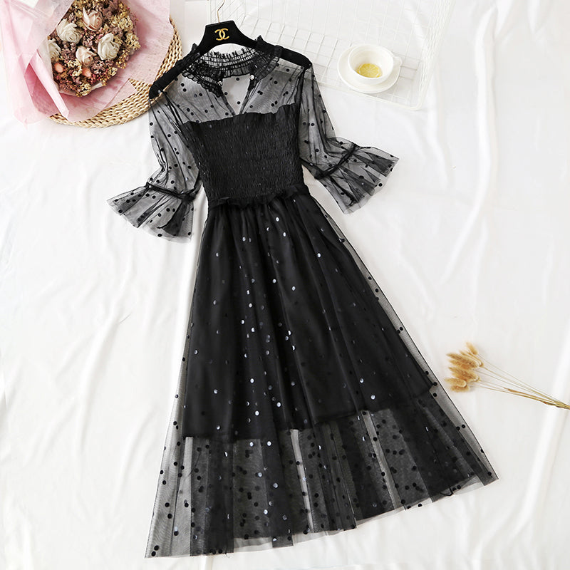 Robe longue rétro à pois et petites vagues au dessus du genou 4465
