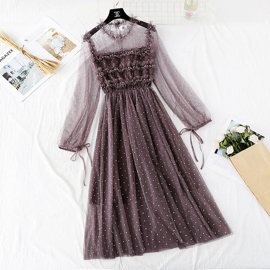 Gentle wind mesh dress French retro interior with bottom skirt  4004