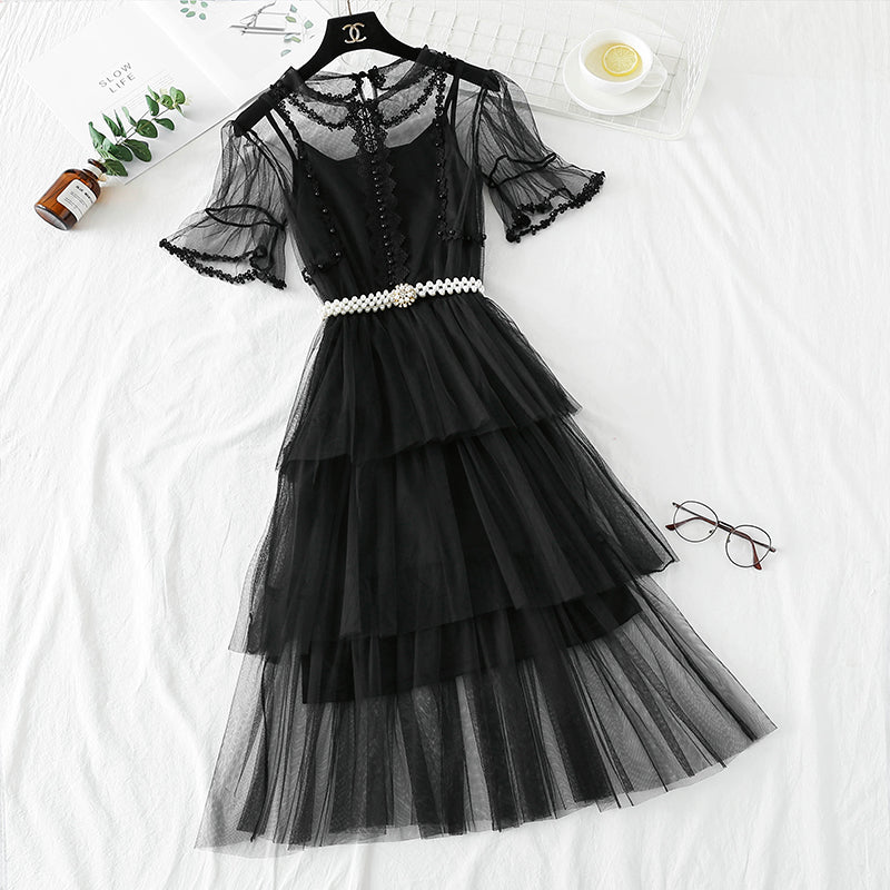 Robe en maille taille haute jupe à volants superposée 4338