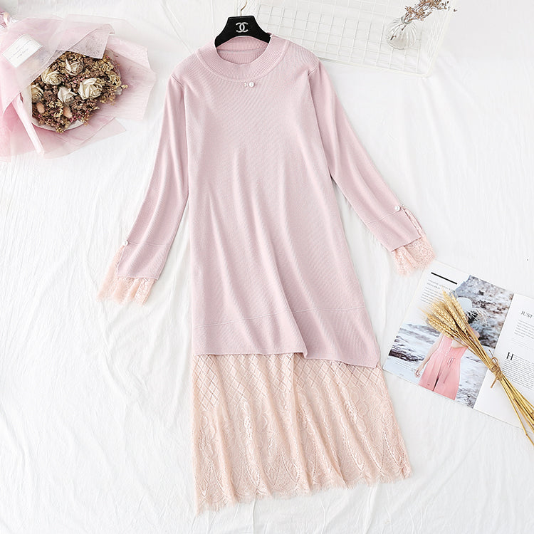 Jupe pull en dentelle avec coutures en faux deux pièces, bas long 4009