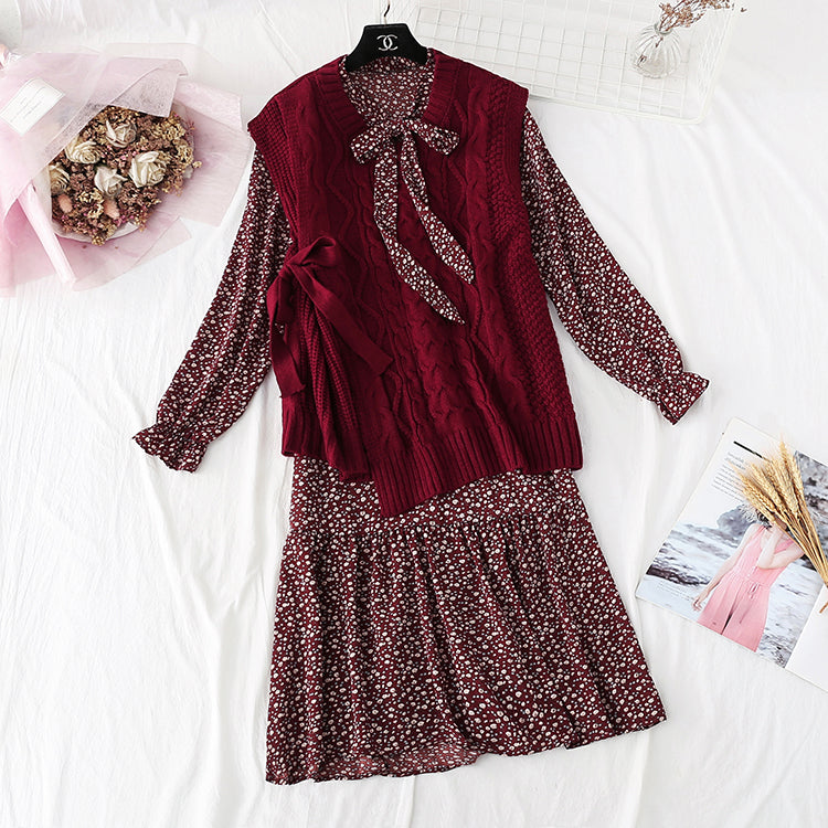 Ensemble gilet en tricot avec jupe fleurie à bas 4008
