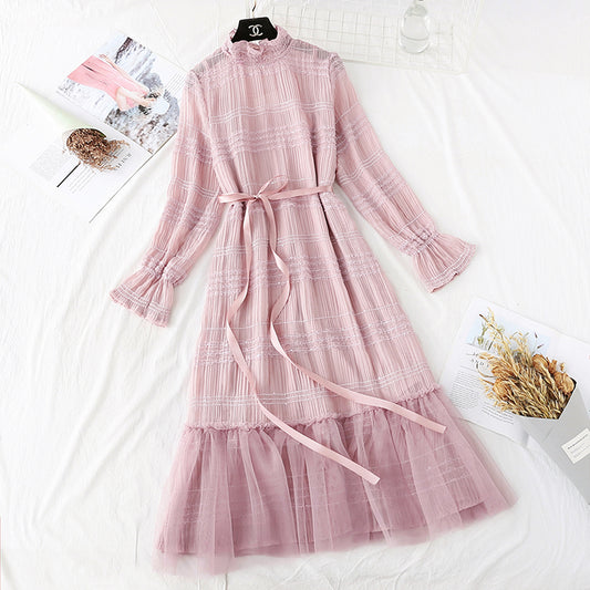 Gentle wind wood ear Chiffon bottomed long skirt temperament  3987