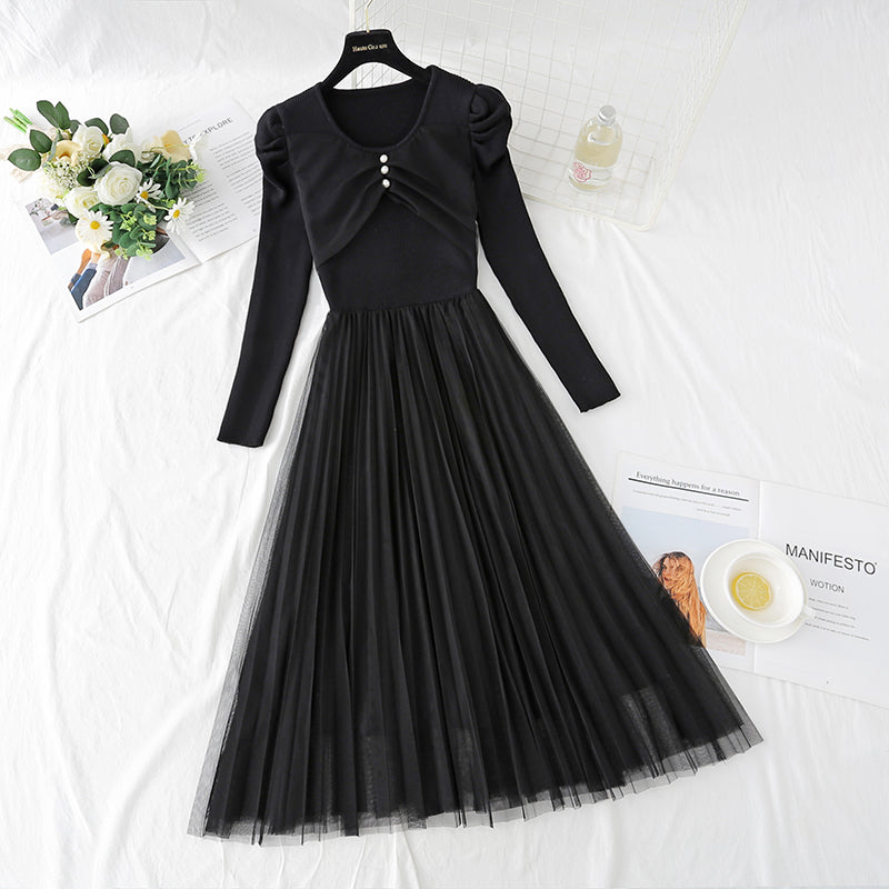 Robe en maille tricotée avec coutures en mailles, jupe longue tempérament 4416