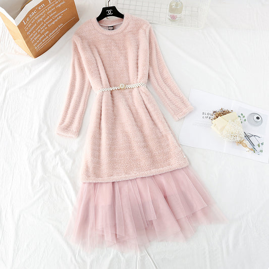 Mink sweater female + mesh skirt two piece set  3954