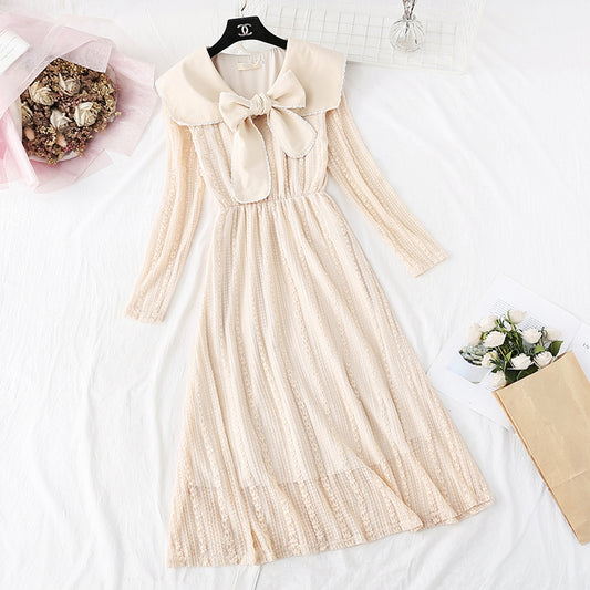 Sweet bow long skirt French retro waist wool skirt  4000