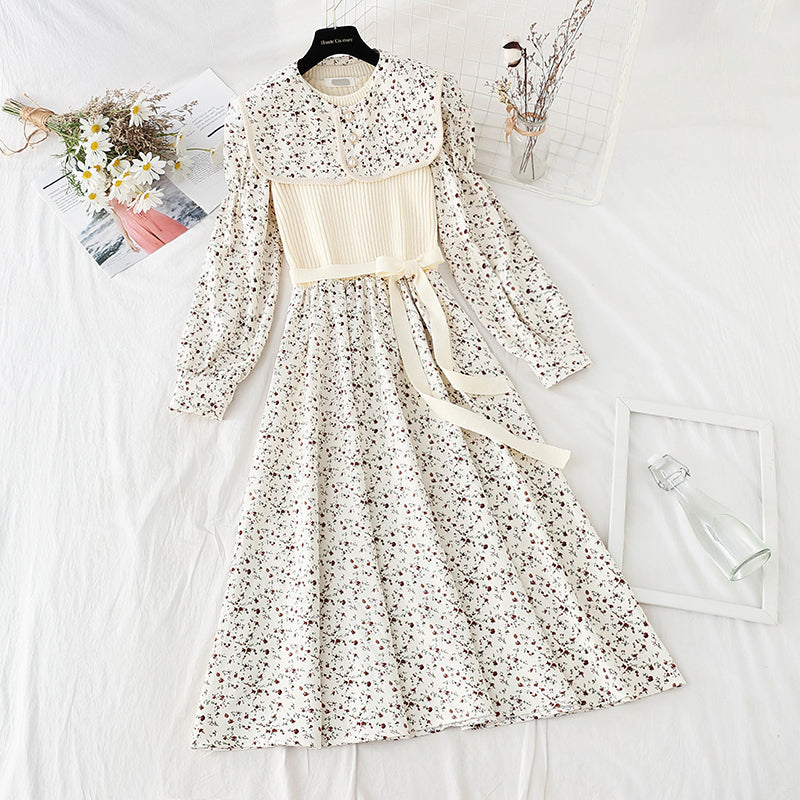 Robe patchwork fleurie à revers, jupe vieillissante polyvalente 4070