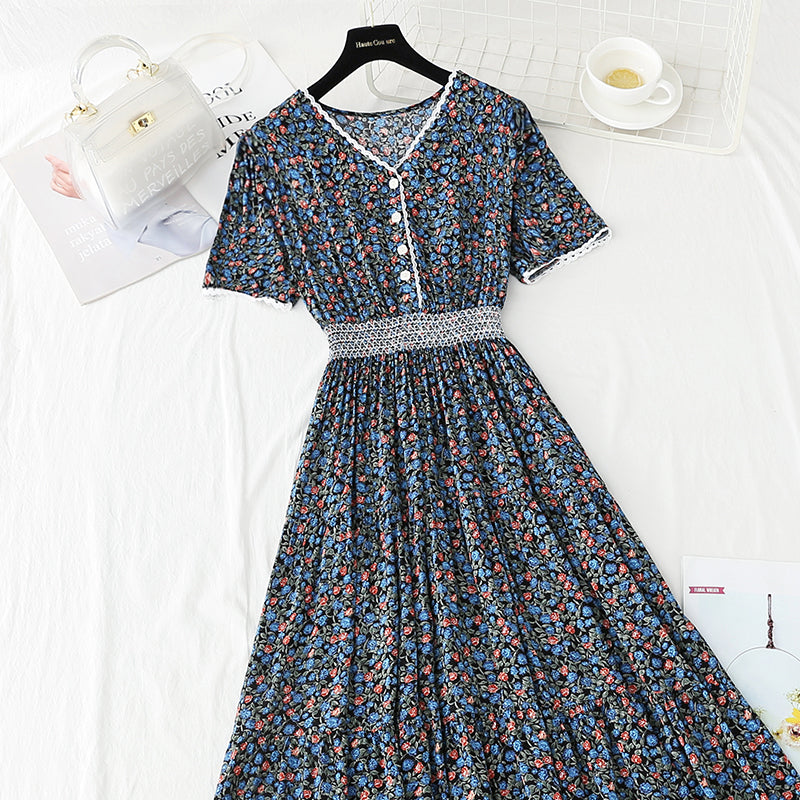Robe en coton et lin pour femme, col en V, robe fleurie, taille 4245