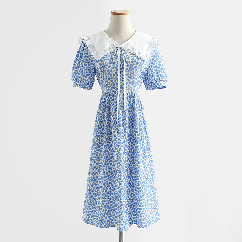 Robe fleurie en coton et lin à col poupée rétro française 4290