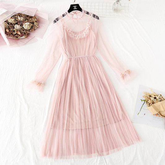 New suspender pleated long skirt fairy super fairy series French Retro  4025