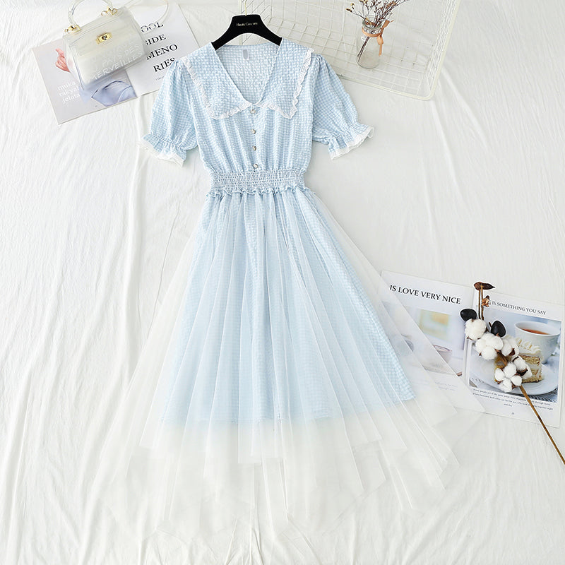 Robe en coton et lin Jupe fée en gaze à carreaux Col poupée française 4425