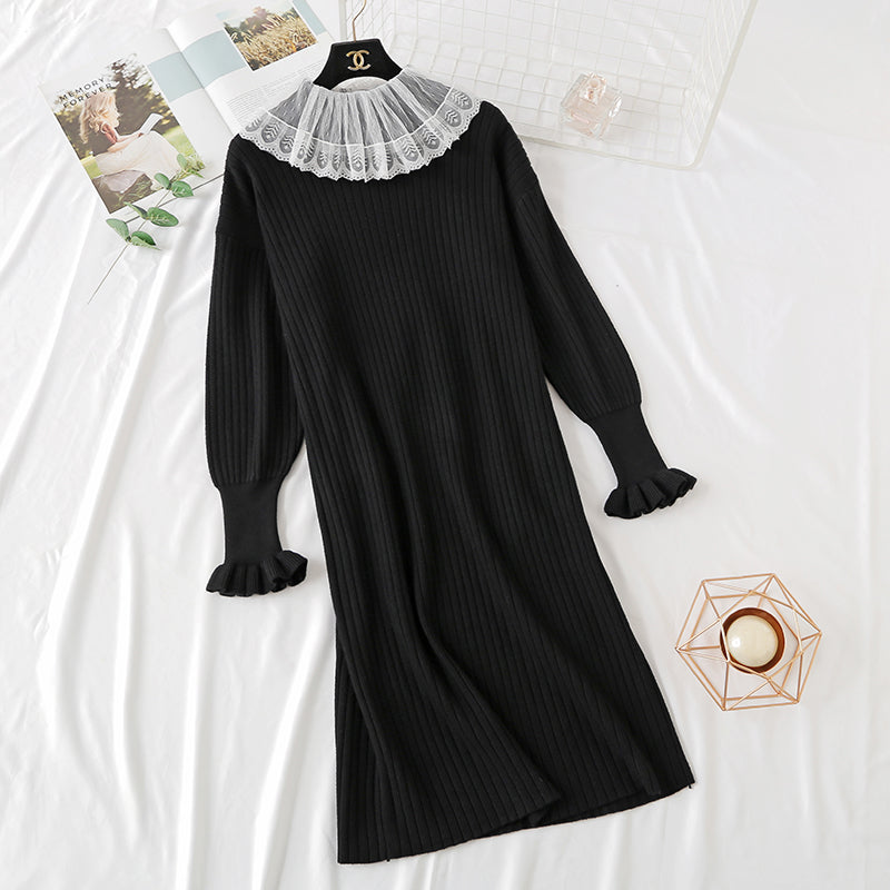Costume deux pièces rétro français en filet rouge avec col de poupée et robe en dentelle 4471