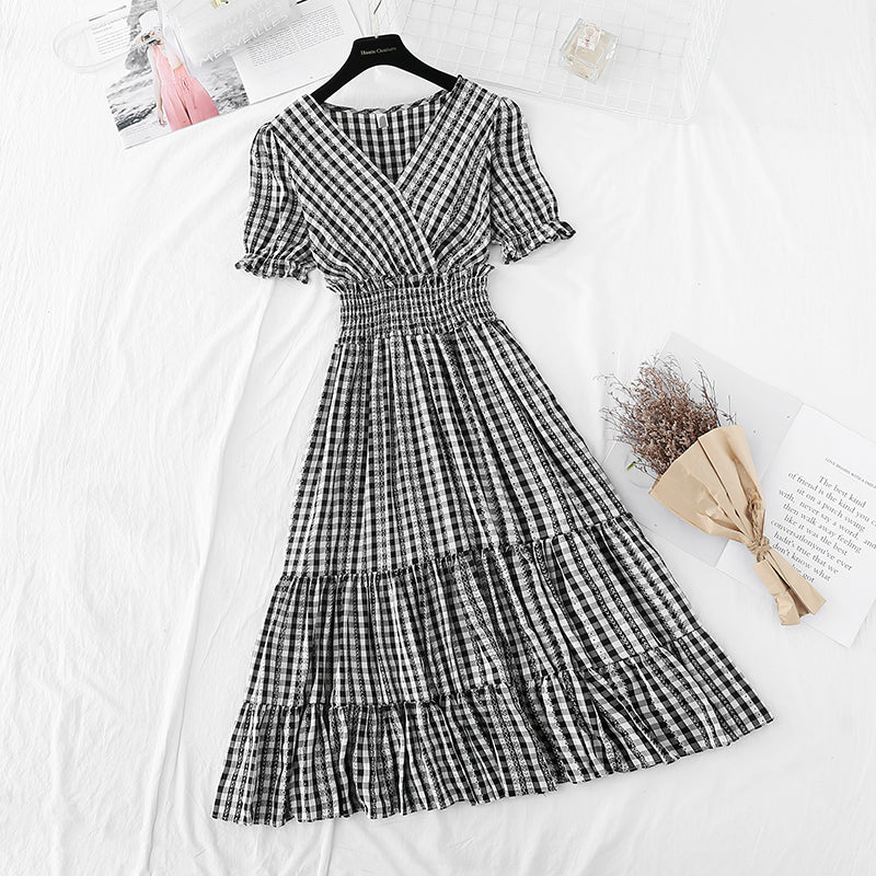 Robe à carreaux à manches volantées, style déesse, robe fine 4206