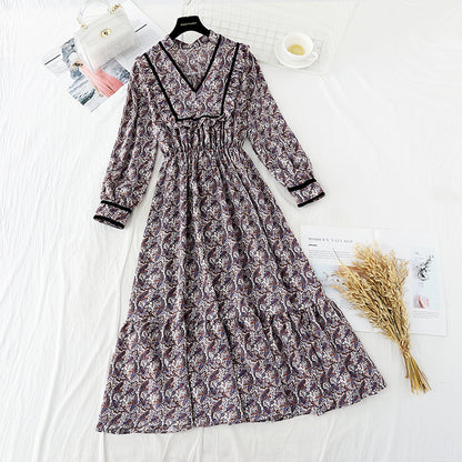 Robe en mousseline de soie à manches longues pour enfants avec jupe fleurie à taille étroite 3902