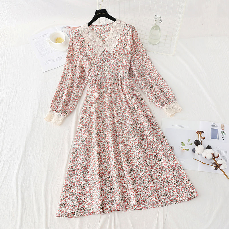 Robe fleurie coupe vent douce tempérament mince jupe en mousseline de soie 4082