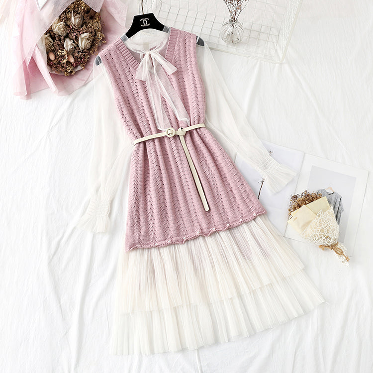 Aging mesh bottomed skirt with knitted vest two-piece set  4353