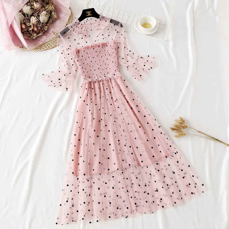 Xiaozhong wave dot mesh dress super xiansen series  4318