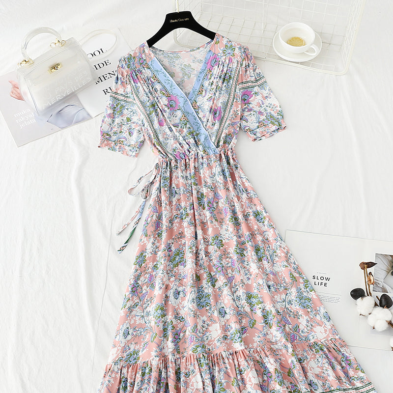 Petite jupe fine et fraîche pour pause thé Robe de vacances en bord de mer à col en V 4232