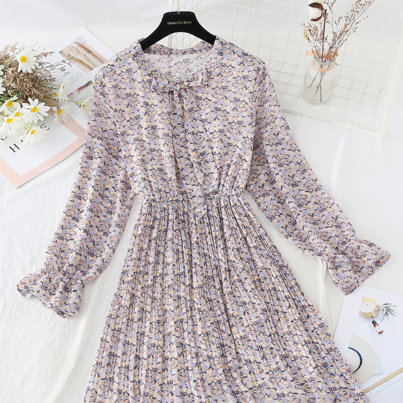 Jupe plissée en mousseline de soie à taille élastique, tempérament mince, robe florale rajeunissante 4087