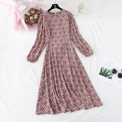 Jupe longue à taille fine style rétro français super fée à fond fleuri cassé 4007