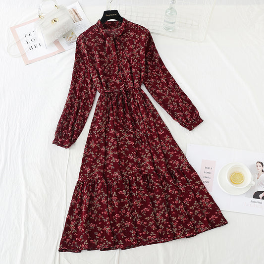The new long sleeved chiffon skirt is sweet and slim  3913