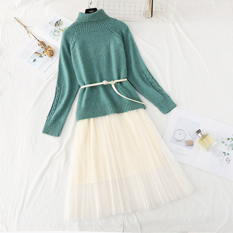 Robe pull col montant en maille jupe costume deux pièces 3960