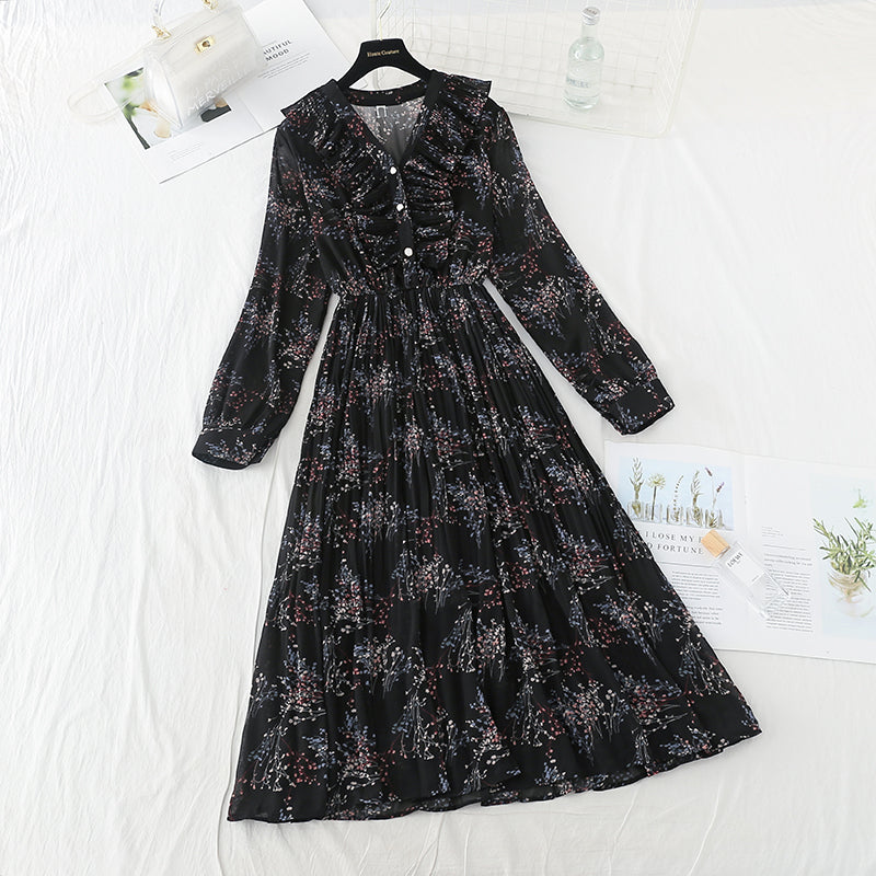 Jupe plissée en mousseline de soie à taille haute et à fleurs cassées vintage 4540