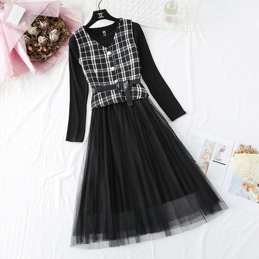 Small fragrant Wool Vest bottom mesh skirt suit  3922