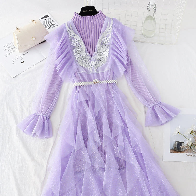 Robe tricotée à mailles brodées pour femme au tempérament fin 4092
