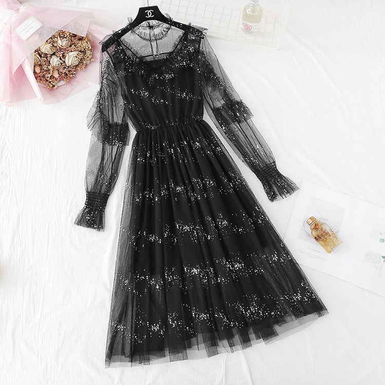 Robe fée en gaze à sequins et bretelles à volants 4321