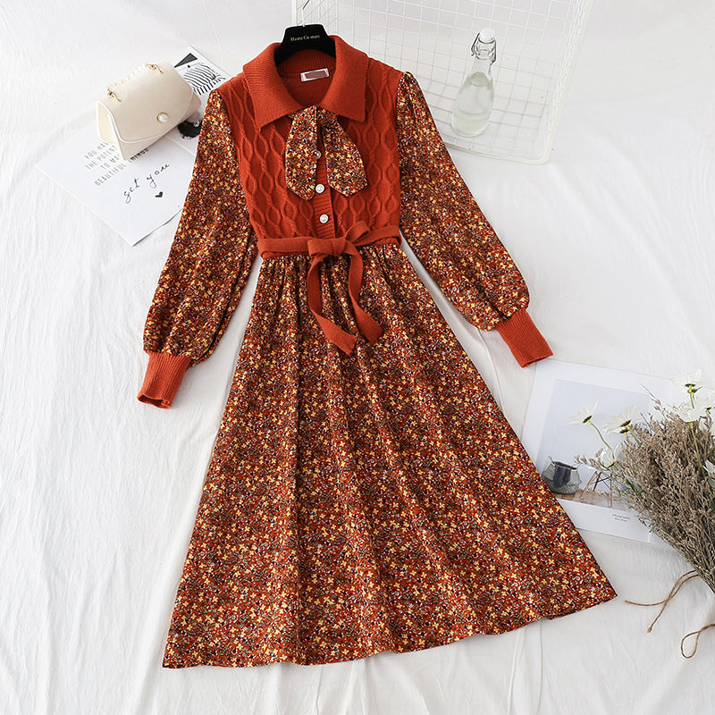 Jupe patchwork à lacets et fleurs, taille élastique, jupe en velours côtelé 4086