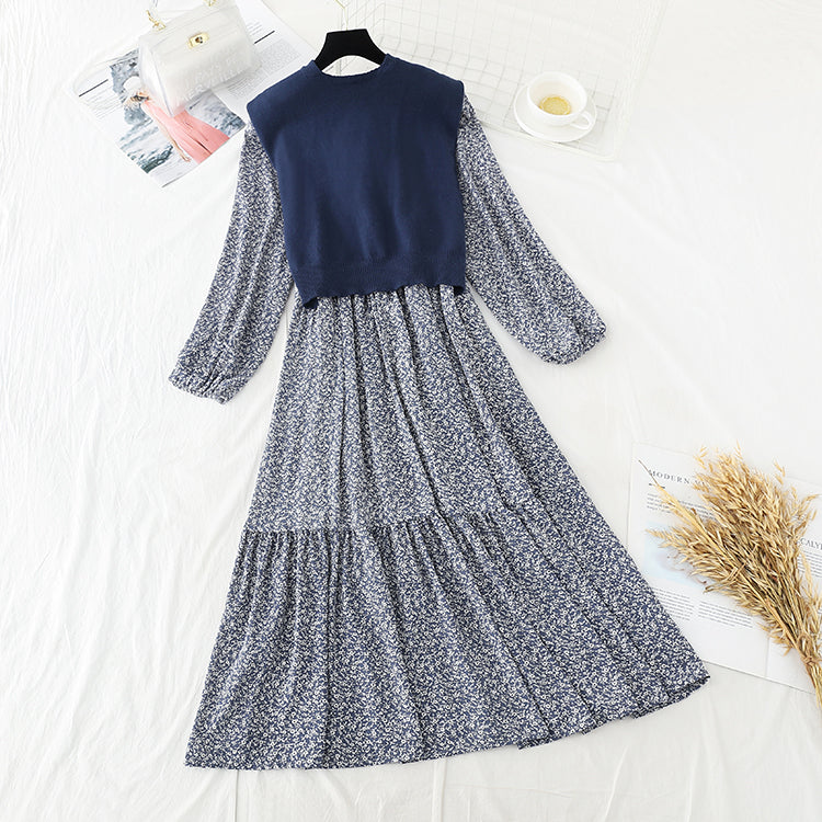 Jupe longue et large cousue petite robe fleurie fraîche avec châle 3880