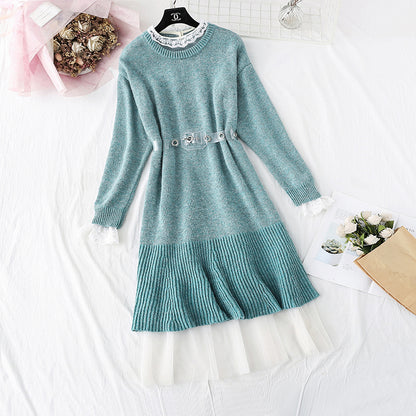 Robe en laine tricotée jusqu'au genou avec jupe intérieure en maille 3999