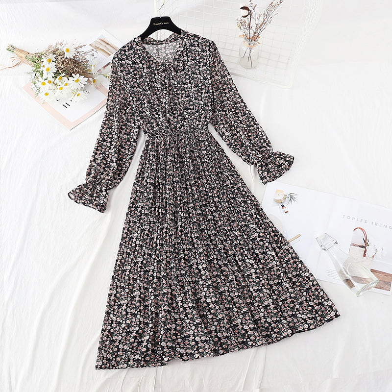 Jupe plissée en mousseline de soie à taille élastique, tempérament mince, robe florale rajeunissante 4087