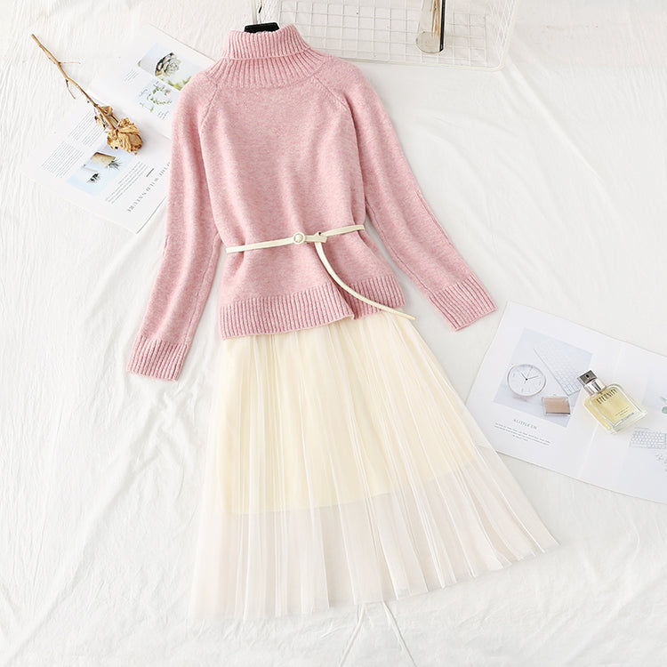 Robe pull col montant en maille jupe costume deux pièces 3960