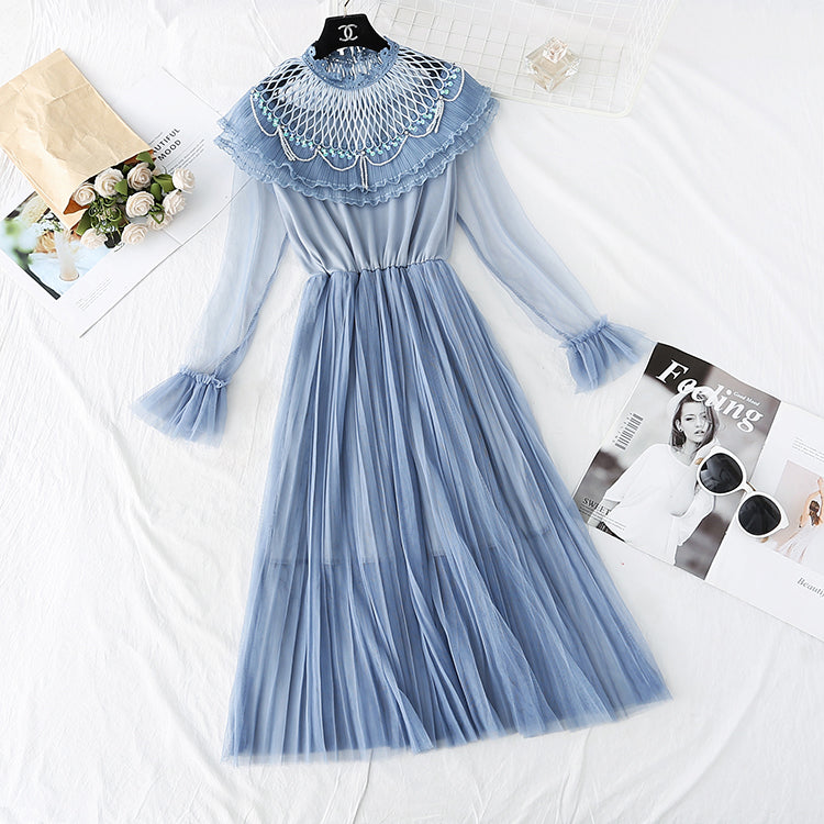 Robe en maille pour femme, nouvelle jupe longue plissée à volants 4014