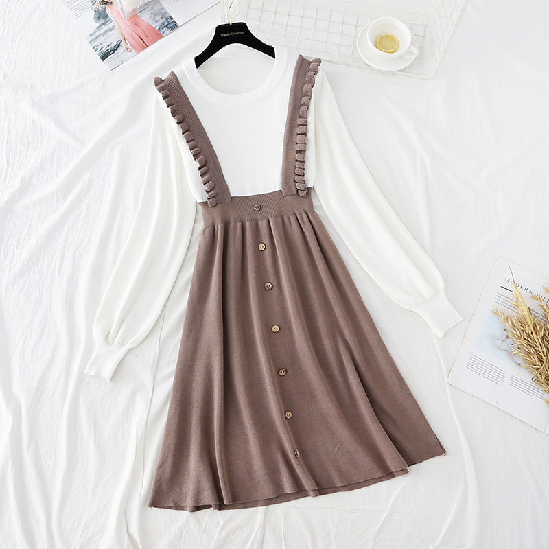 Nouvelle robe en laine française à bretelles fausses deux pièces de petite taille parfumée 3904