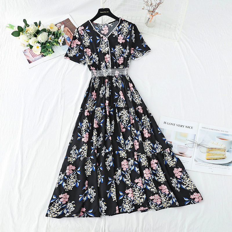 Robe en coton et lin pour femme, col en V, robe fleurie, taille 4245