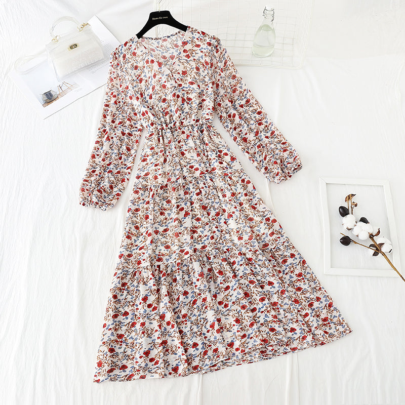 V-neck lace up waist Floral Dress  4062